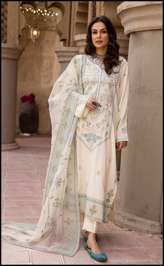 Pure Lawn Off White Embroidered Dress - LCS049